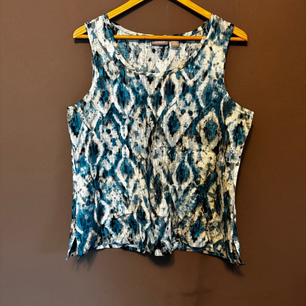 Chicos Blue Ikat Diamond Linen Tank Top Sleeveless Scoop Neck Size 1 M